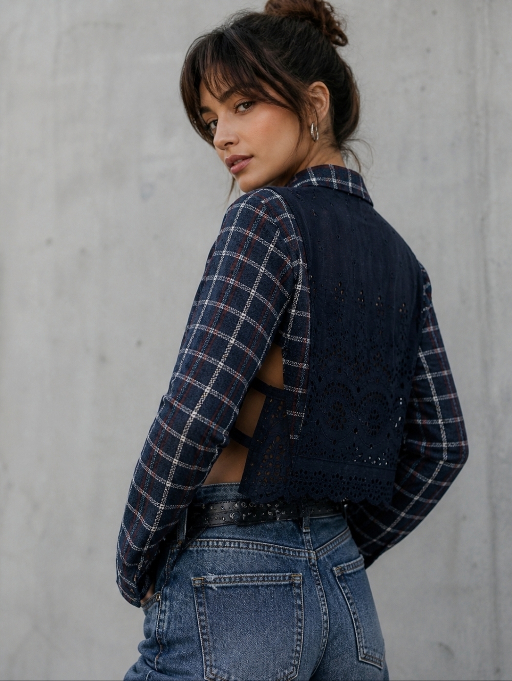 Sea Plaid Eyelet Button Down Shirt